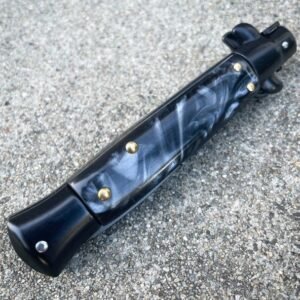 8.75 Inch Black Italian Stiletto Switch Pocket Knife Black Pearl