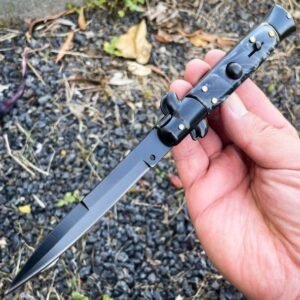 8.75 Inch Black Italian Stiletto Switch Pocket Knife Black Pearl