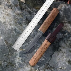 Forged Damascus steel knife with high hardness and portable handle Camping white shadow wooden knife