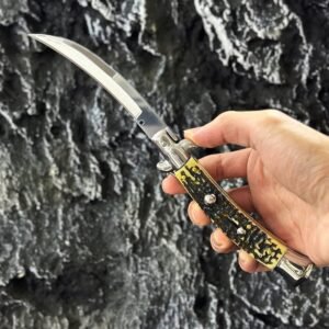 9 Inch Faux Deer Bone Curved Blade Switchblade Stiletto Switchblade