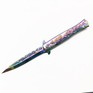 Colored titanium rose embossed stiletto knife