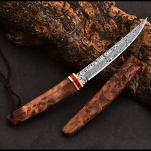 Double Dragon Damascus Pocket Knife with Wooden Handle