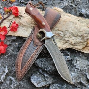 Drop Point Knife Fixed Blade Hunting Survival Combat Outdoor Damascus Steel Wood