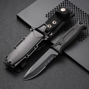 Explorer II outdoor half-tooth hunting knife wilderness exploration self-defense knife—Black