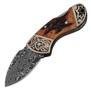Damascus folding knife carved copper head mini keychain home multifunctional