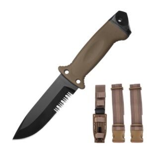 Hunting half-tooth knife Outdoor survival knife Portable self-defense knife-Brown